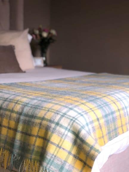Pure Wool Cottage Check Throw In Grey, Yellow And Ocean Blue