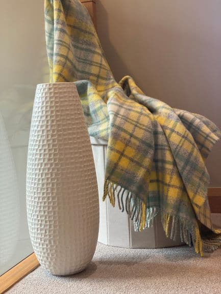 Pure Wool Cottage Check Throw In Grey, Yellow And Ocean Blue