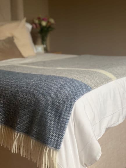 Pure New Wool Grey Illusion Throw With Blue Slate Panel