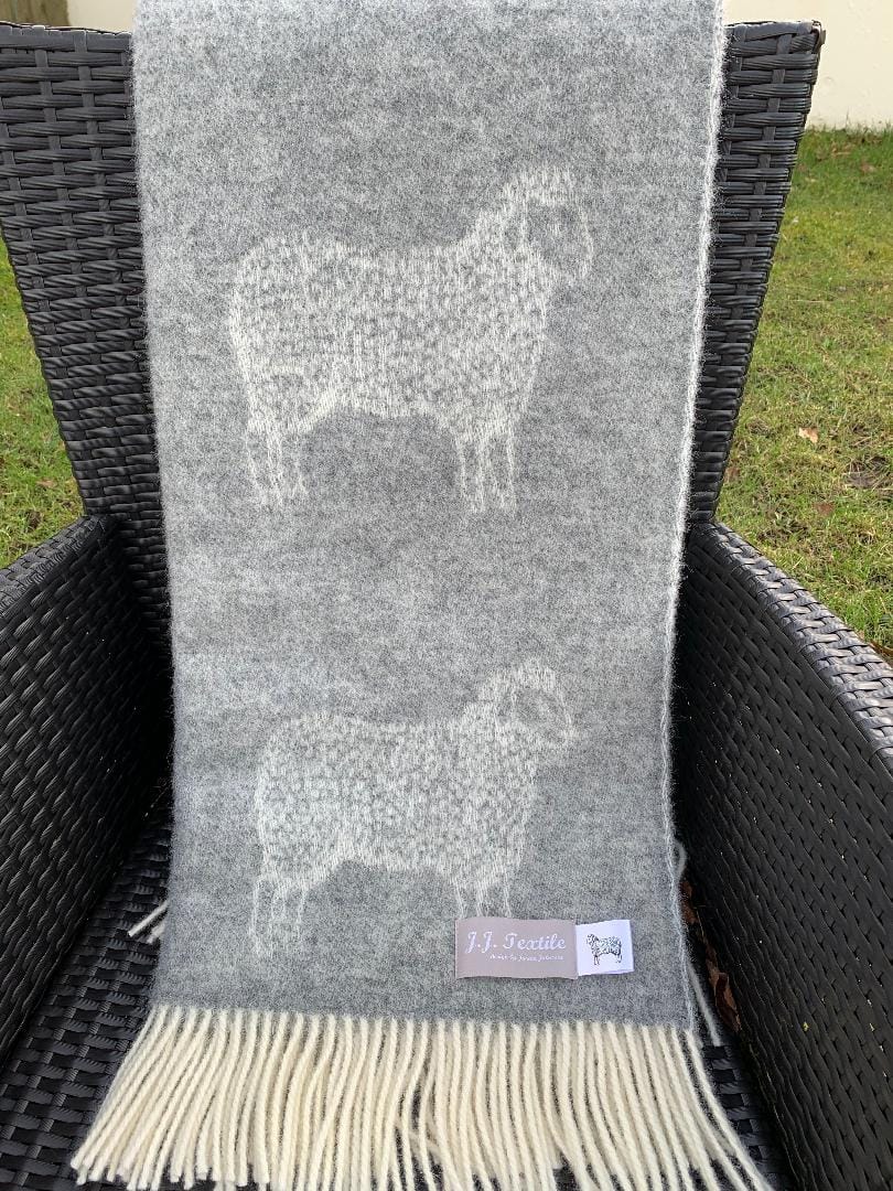 Pure New Wool Sheep Themed Reversible Throw In Soft Grey And Cream
