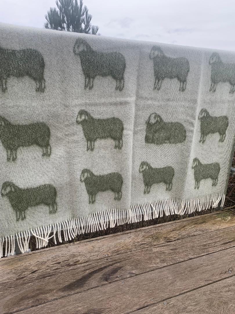 Sheep Mossy Green Wool Throw