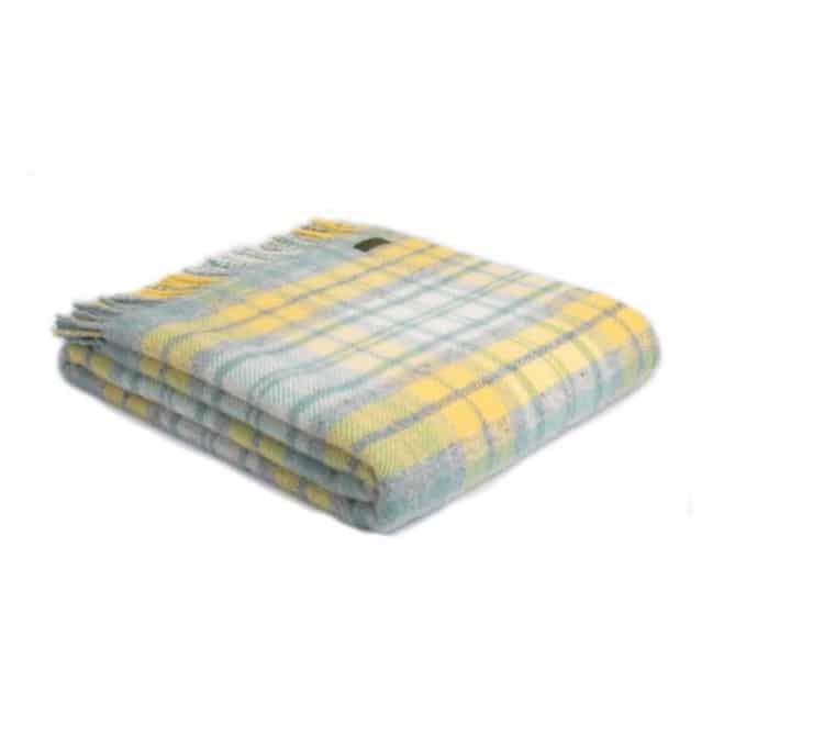 Pure Wool Cottage Check Throw In Grey, Yellow And Ocean Blue