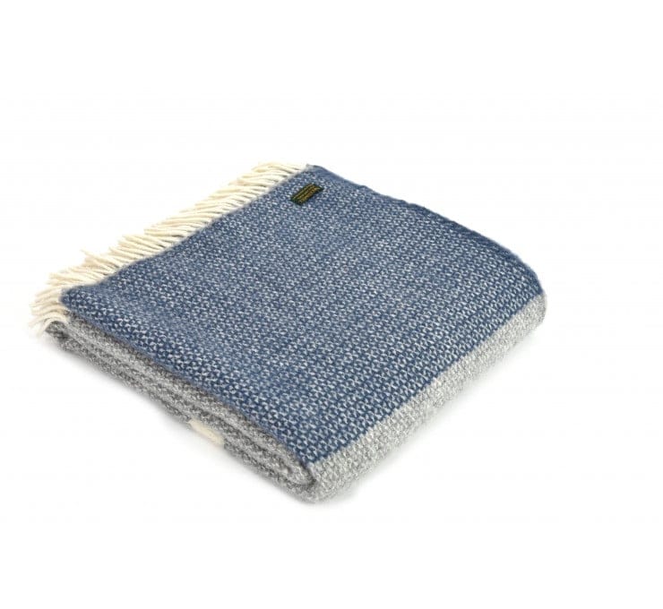 Pure New Wool Grey Illusion Throw With Blue Slate Panel