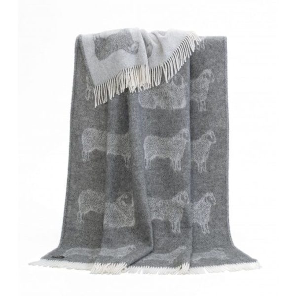 Pure New Wool Sheep Themed Reversible Throw In Soft Grey And Cream