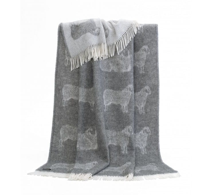 Pure New Wool Sheep Themed Reversible Throw In Soft Grey And Cream